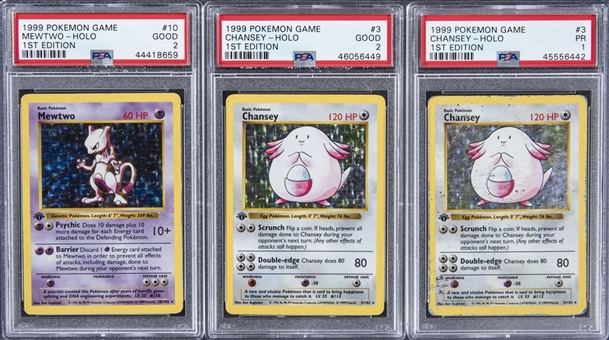 Lot Of (3) PSA Graded 1999 Pokémon Game First Edition Cards Featuring 1999 Mewtwo Holo Card